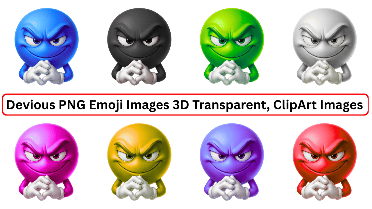 Set of 8 devious 3D emoji PNGs in multiple colors with plotting hands and evil grins – transparent background