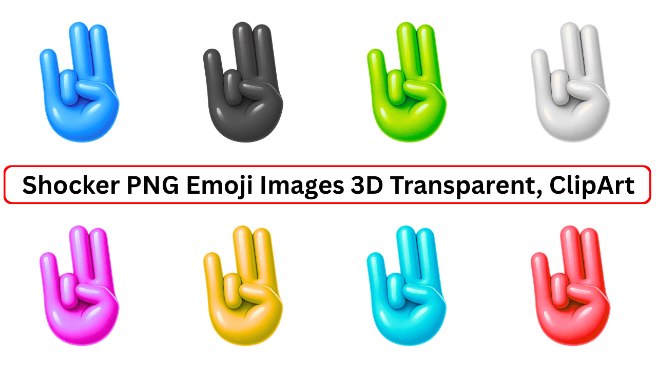 3D Shocker hand emoji PNG pack featuring 8 glossy color variants with transparent background