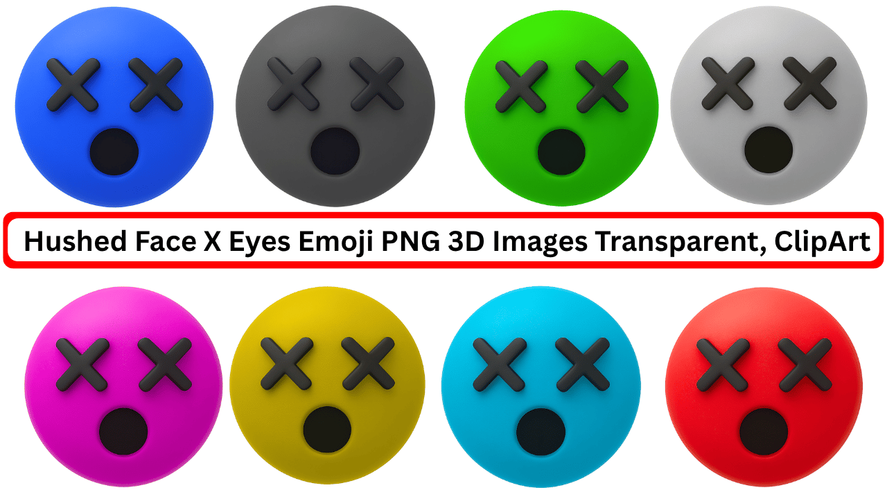 Colorful 3D hushed face X eyes emoji PNG set with shocked expressions