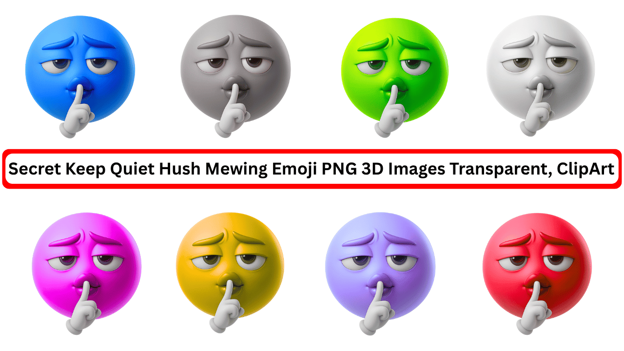 Colorful 3D hush emoji icons showing secret, quiet, mewing expressions clipart PNG.