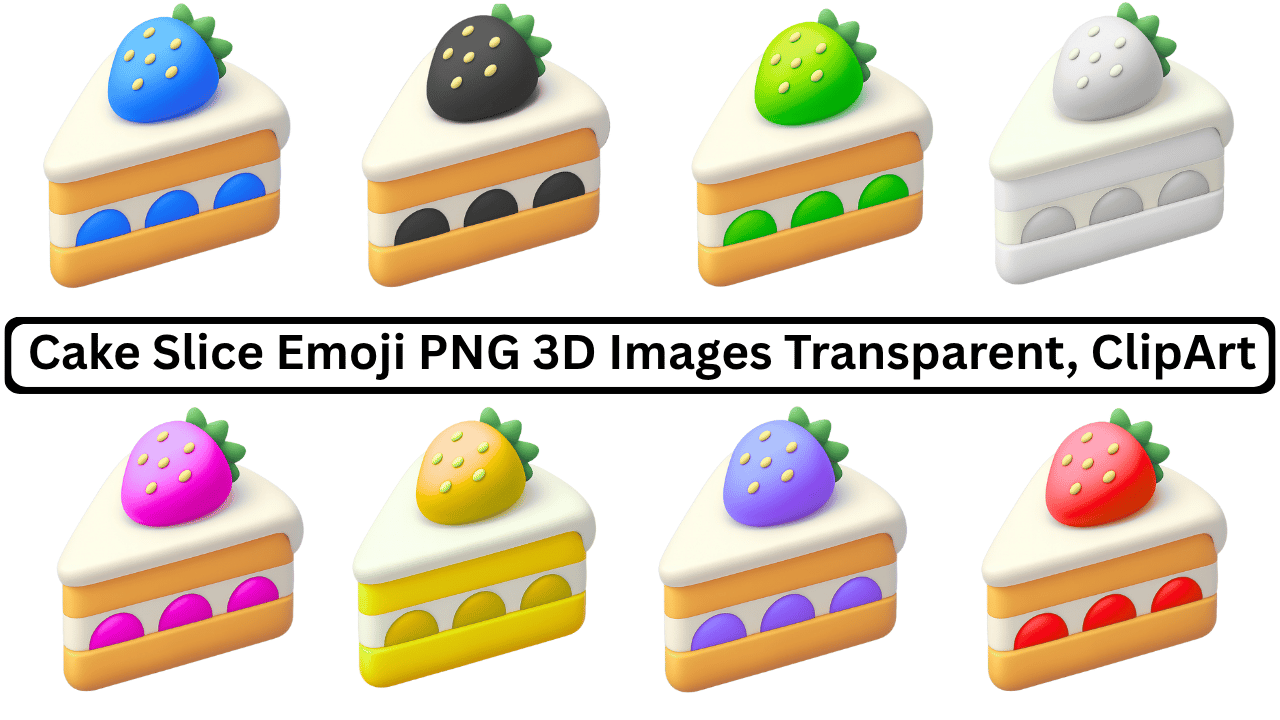Set of 3D colorful cake slice emojis in different flavors with transparent background