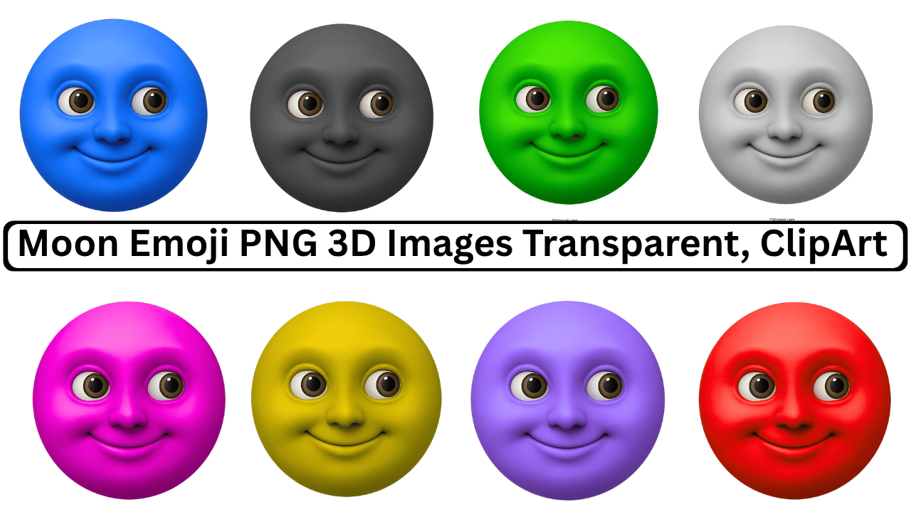 Colorful 3D moon face emoji pack with various colors and transparent PNG format