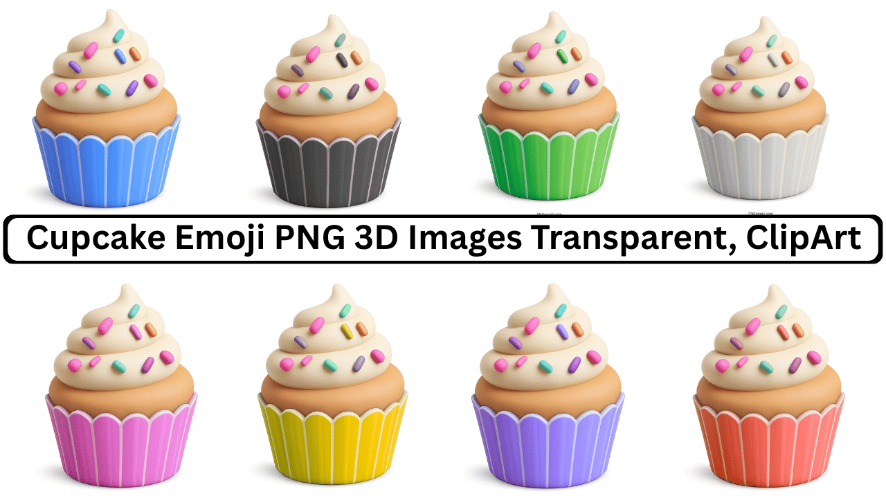 3D cupcake emoji PNG bundle with colorful wrappers and rainbow sprinkles clipart collection
