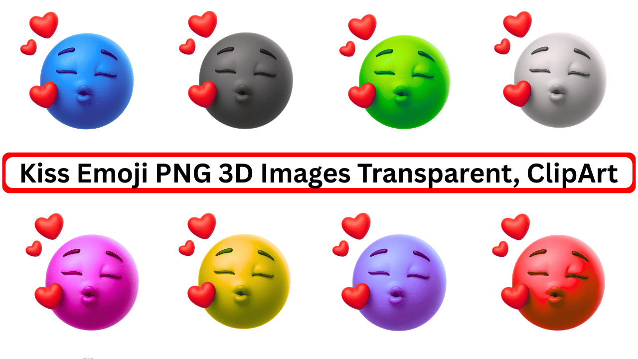 Colorful 3D kiss emoji PNGs with red hearts and transparent backgrounds in multiple colors