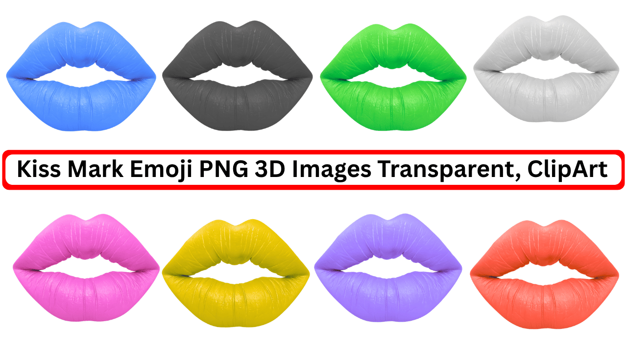 Set of 3D kiss mark emojis in 9 colors with transparent clipart style