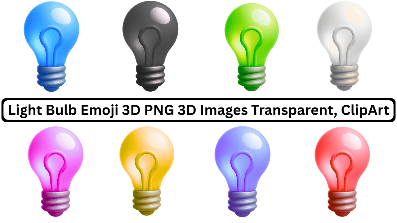 Colorful 3D light bulb emoji icons in PNG format with transparent background for creativity
