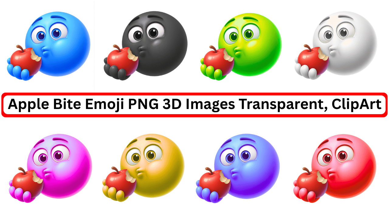 Colorful 3D emoji characters biting apples with expressive faces, PNG clipart collection