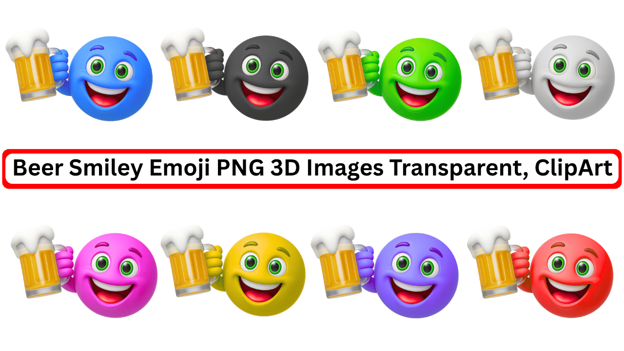 Colorful 3D beer smiley emojis toasting with mugs, PNG transparent clipart set