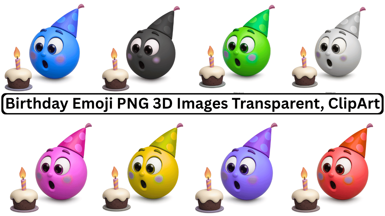 Colorful 3D birthday emojis with party hats and cupcakes with lit candles
