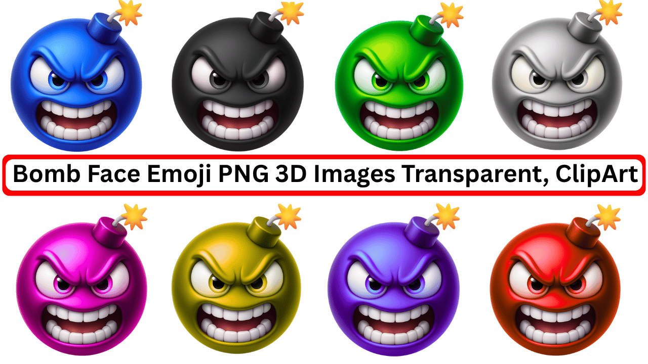 Colorful 3D bomb face emojis with angry expressions in PNG format with transparent backgrounds