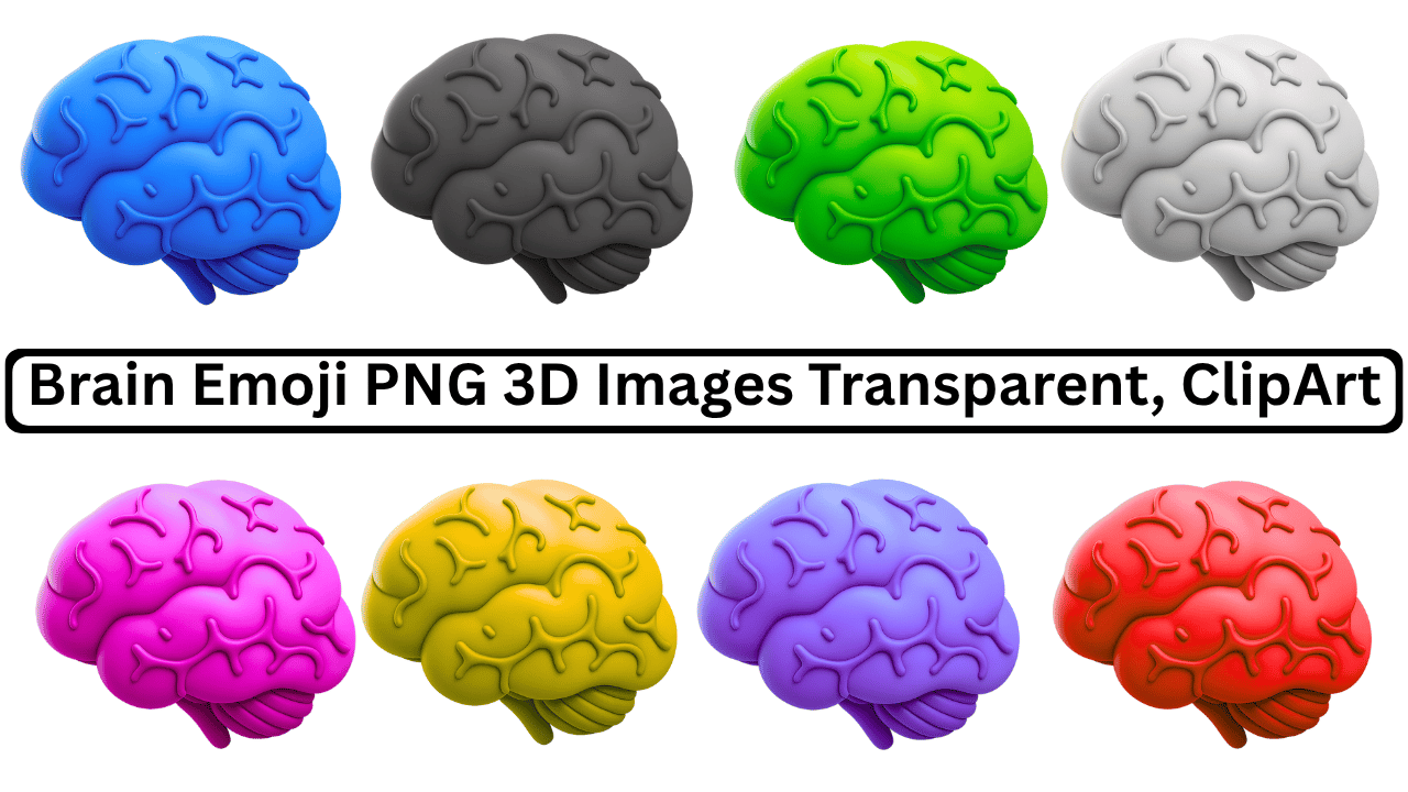3D brain emoji PNG clipart set in multiple bright and bold colors