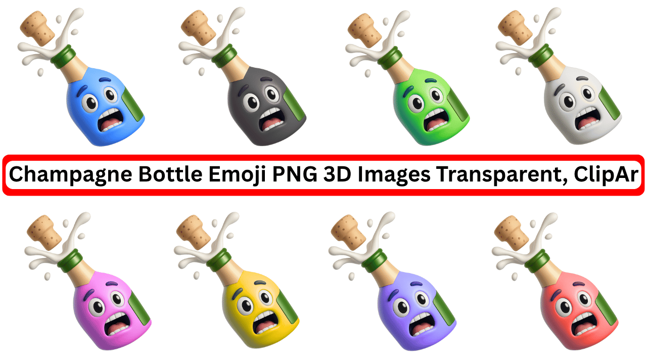 3D multicolor champagne bottle emojis popping with splash and expressive faces