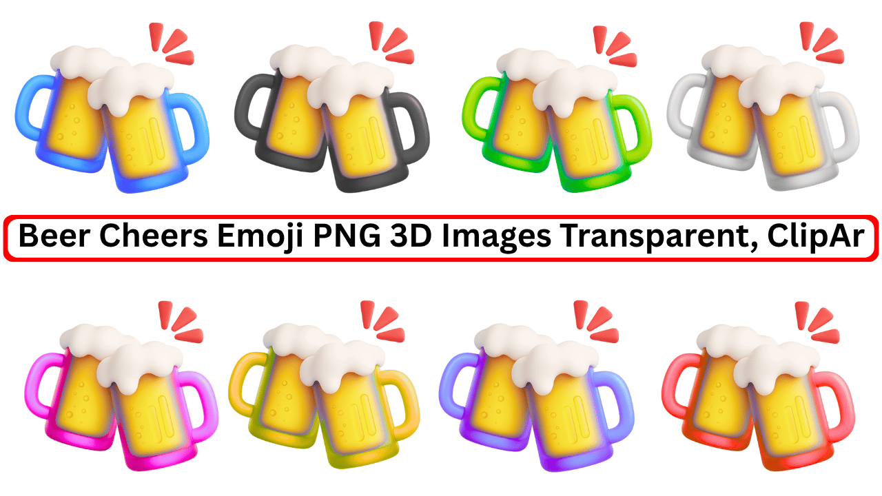 Set of 3D beer cheers emojis with colorful handles and transparent PNG background