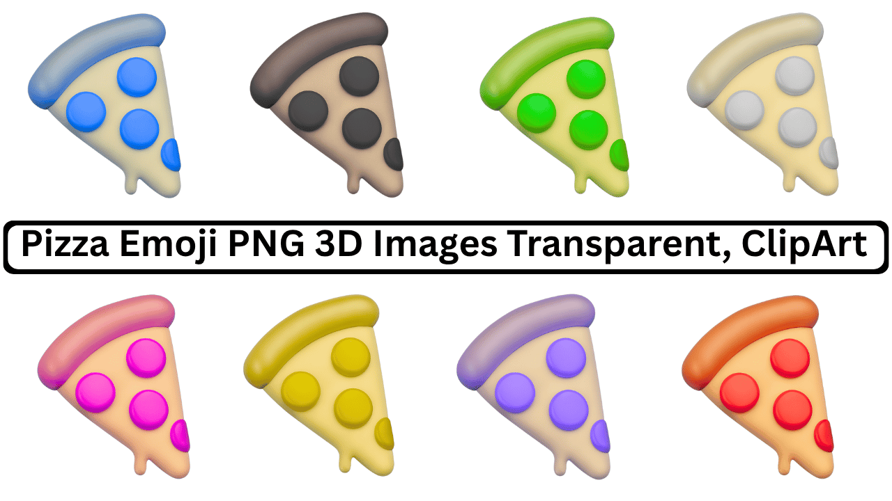 Colorful 3D pizza slice emoji collection with various toppings and bright colors