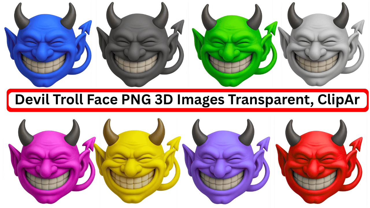 Colorful 3D devil troll face PNG emoji set with evil grins and black horns