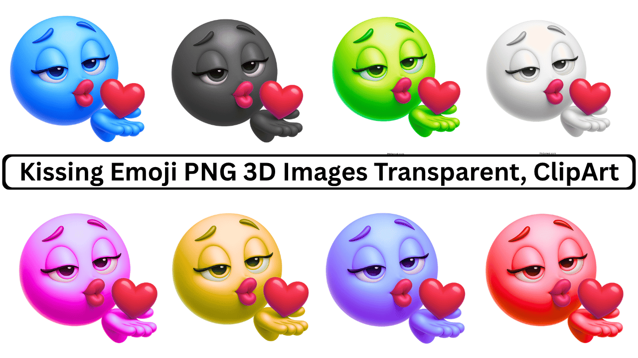 Colorful 3D Kissing Face Emojis Blowing Red Hearts PNG Set