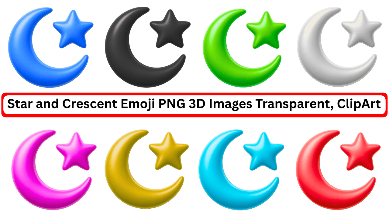 Colorful 3D star and crescent moon emoji set in various vibrant shades