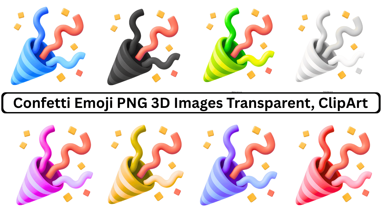 3D confetti emoji PNG set with colorful celebration cones and transparent background