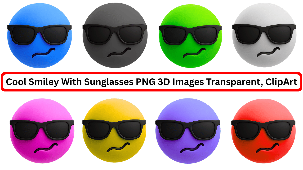 Colorful 3D cool smiley emojis with sunglasses in various shades PNG transparent background