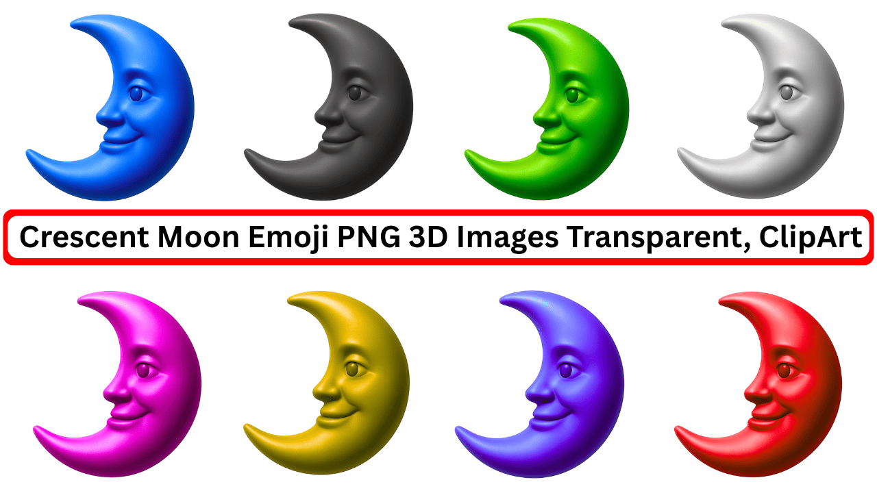 3D colorful crescent moon emoji clipart collection with transparent backgrounds in PNG format