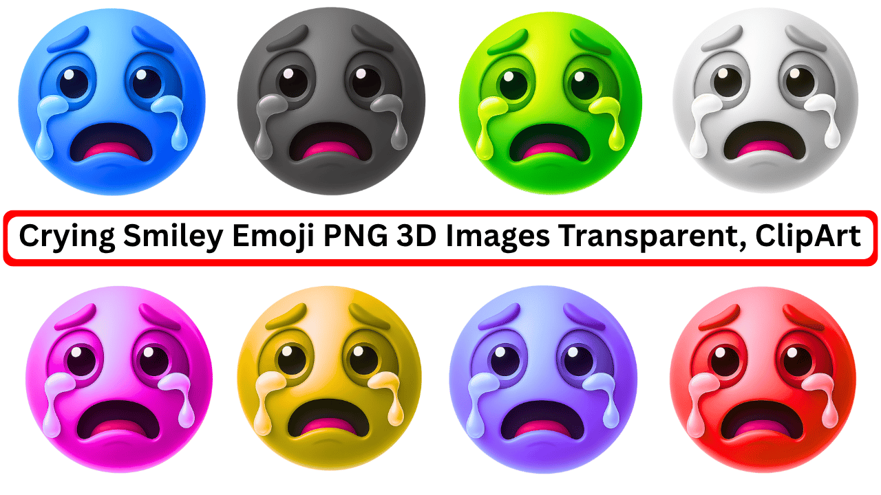 Set of 3D crying smiley emojis in colorful styles with transparent background PNG