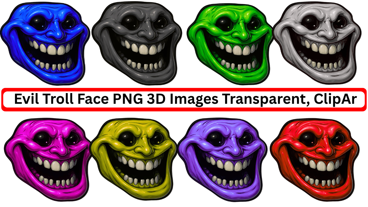 Multicolor 3D evil troll face PNG set with creepy expressions and transparent background