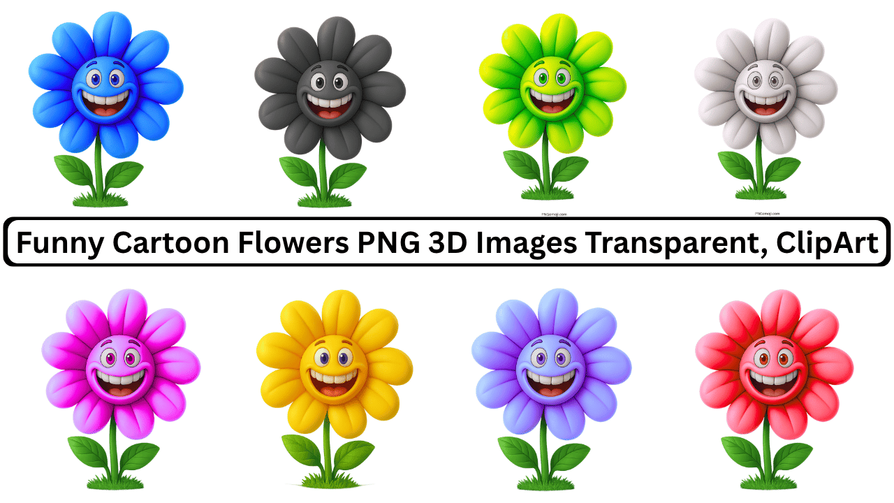 Funny cartoon flowers in various colors with smiling faces, 3D PNG images, and transparent backgrounds.