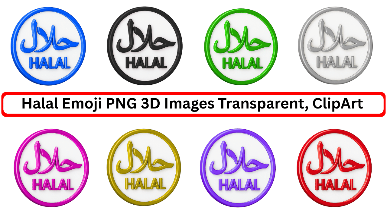 Colorful 3D halal emoji icons in Arabic and English with transparent background.