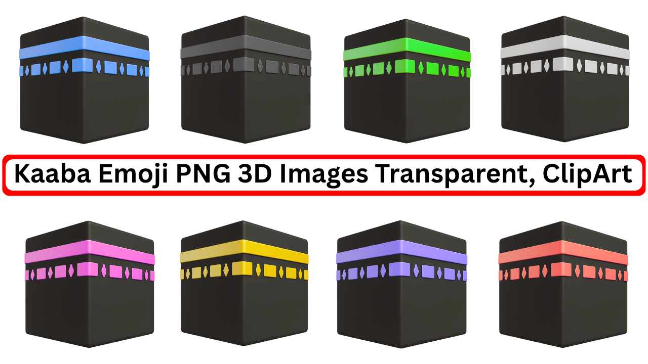 Set of 3D Kaaba emojis in multicolor with transparent background, Islamic clipart PNG
