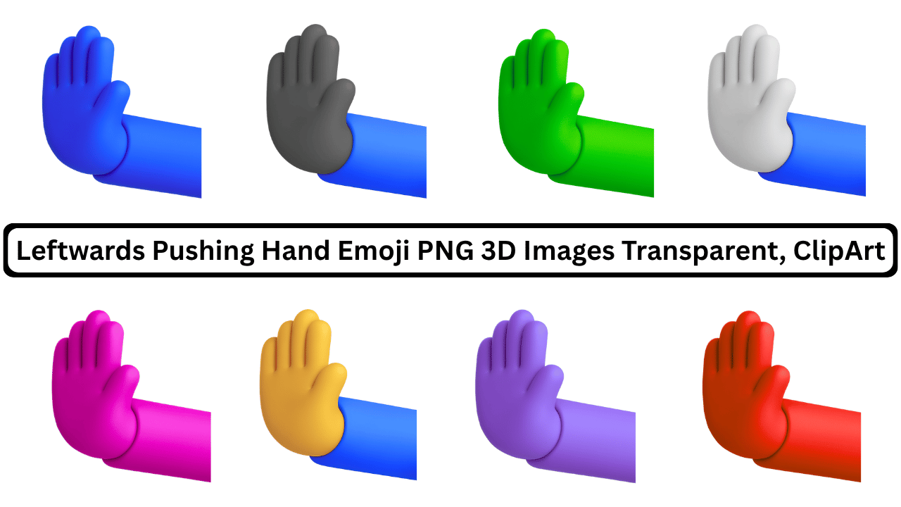 Leftwards pushing hand emoji in different colors, 3D images with transparent background.