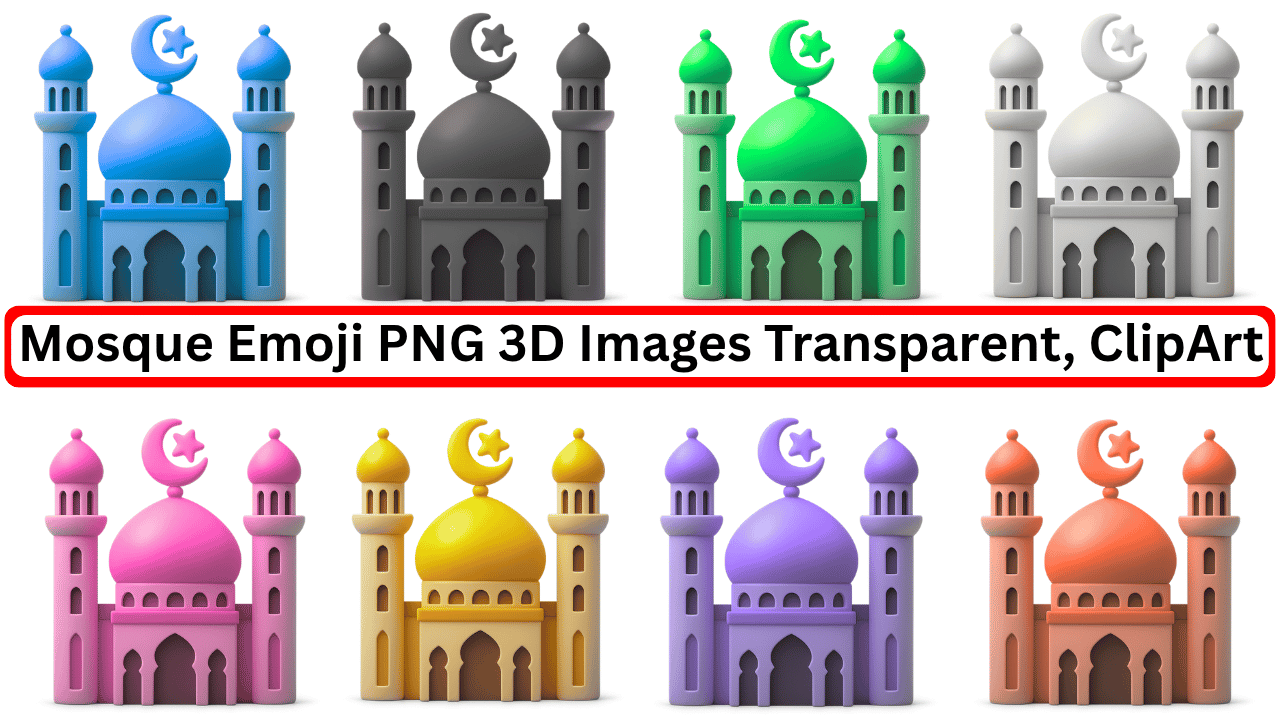 3D mosque emoji icons in various colors, transparent PNG clipart for digital designs.