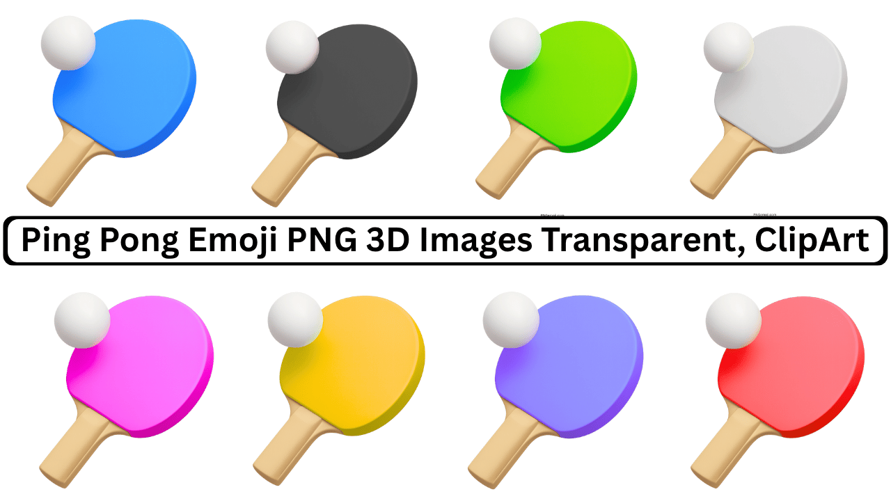Colorful 3D ping pong paddles with white balls, emoji clipart on transparent background
