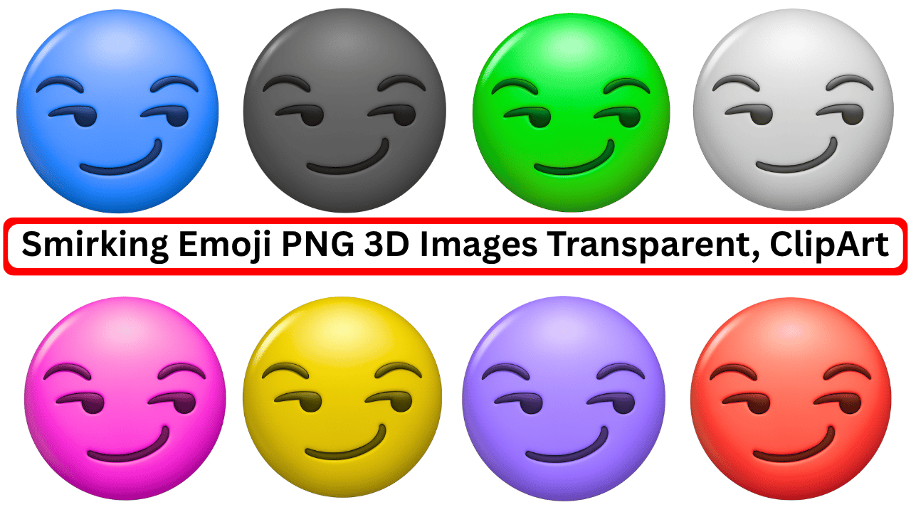 3D smirking emoji faces in multiple colors with transparent background, clipart style