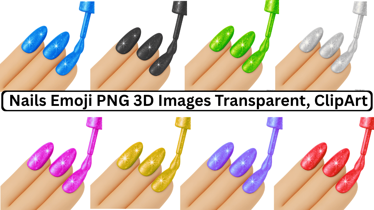 Colorful 3D nail polish emoji set with glitter manicure on transparent background clipart
