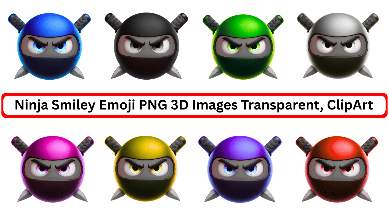 Colorful ninja smiley emojis in 3D PNG clipart with transparent background and dual swords