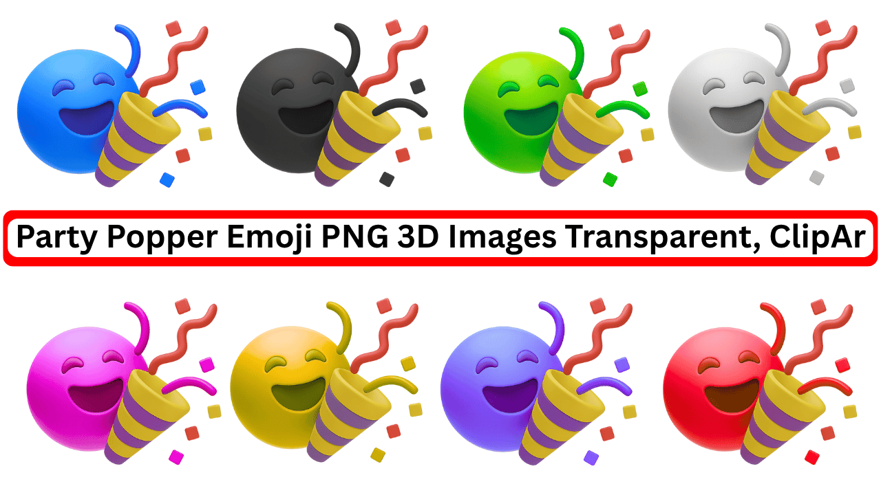 3D party popper emojis in multiple colors with confetti, transparent PNG clipart set