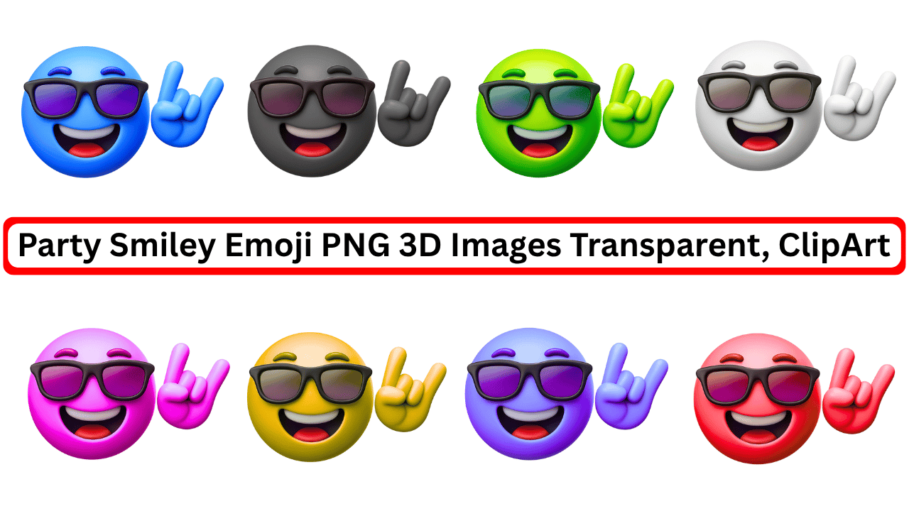 Colorful party smiley emojis with sunglasses in 3D PNG format.