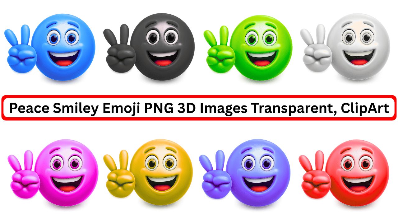 Colorful 3D peace smiley emojis in various colors with happy faces and victory gestures.