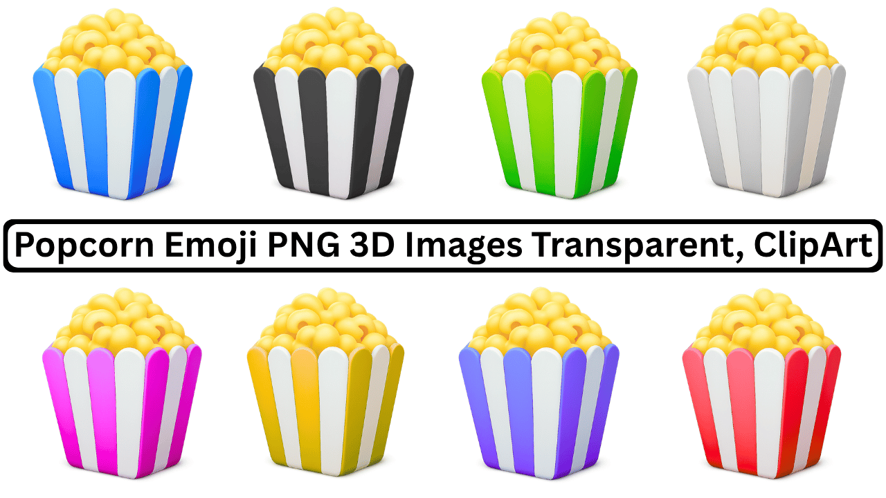 3D popcorn emoji icons in colorful striped boxes, transparent clipart set for media use.
