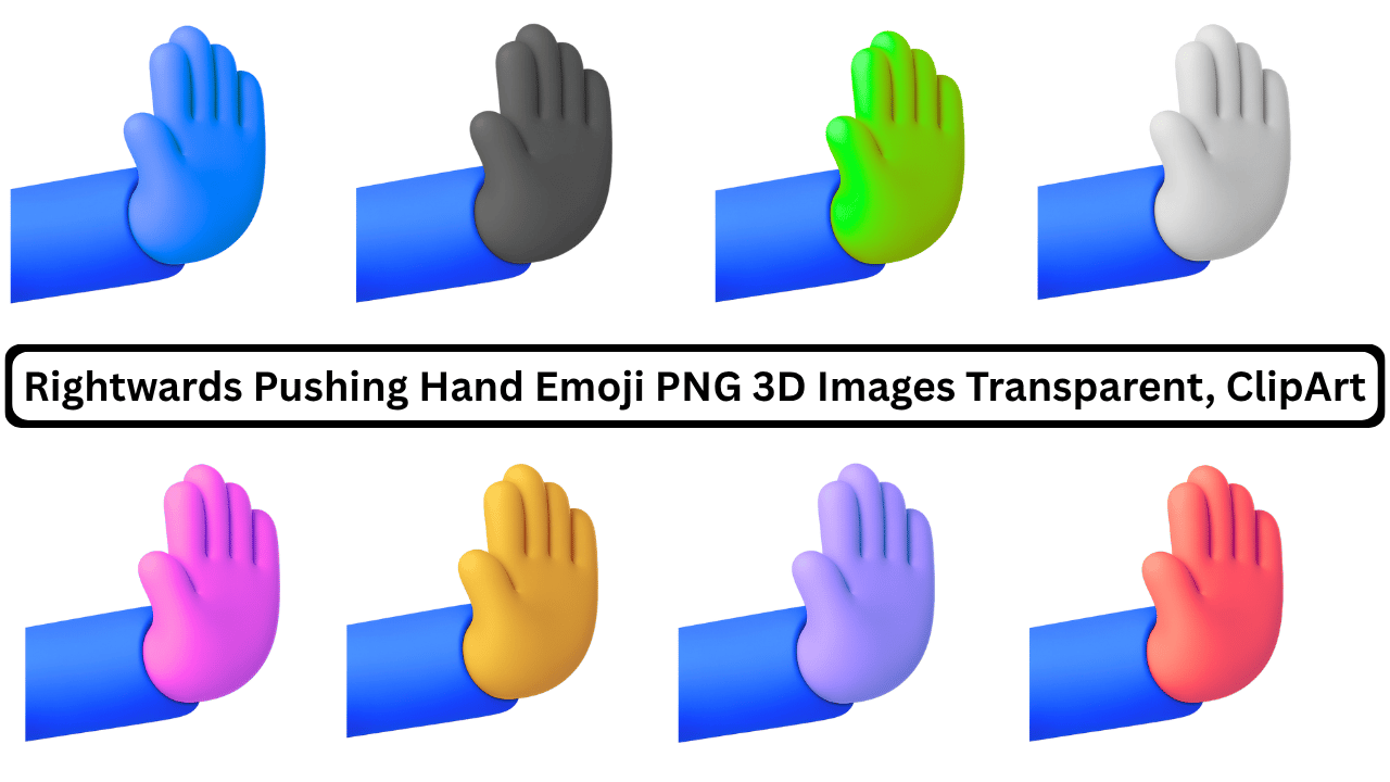 Collection of rightwards pushing hand emoji PNG 3D images in various colors.