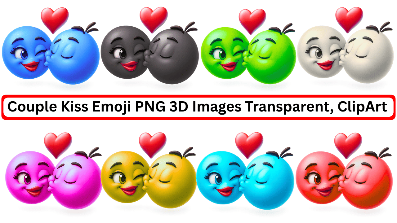 Multiple colorful romantic couple kiss emoji in 3D PNG clipart format