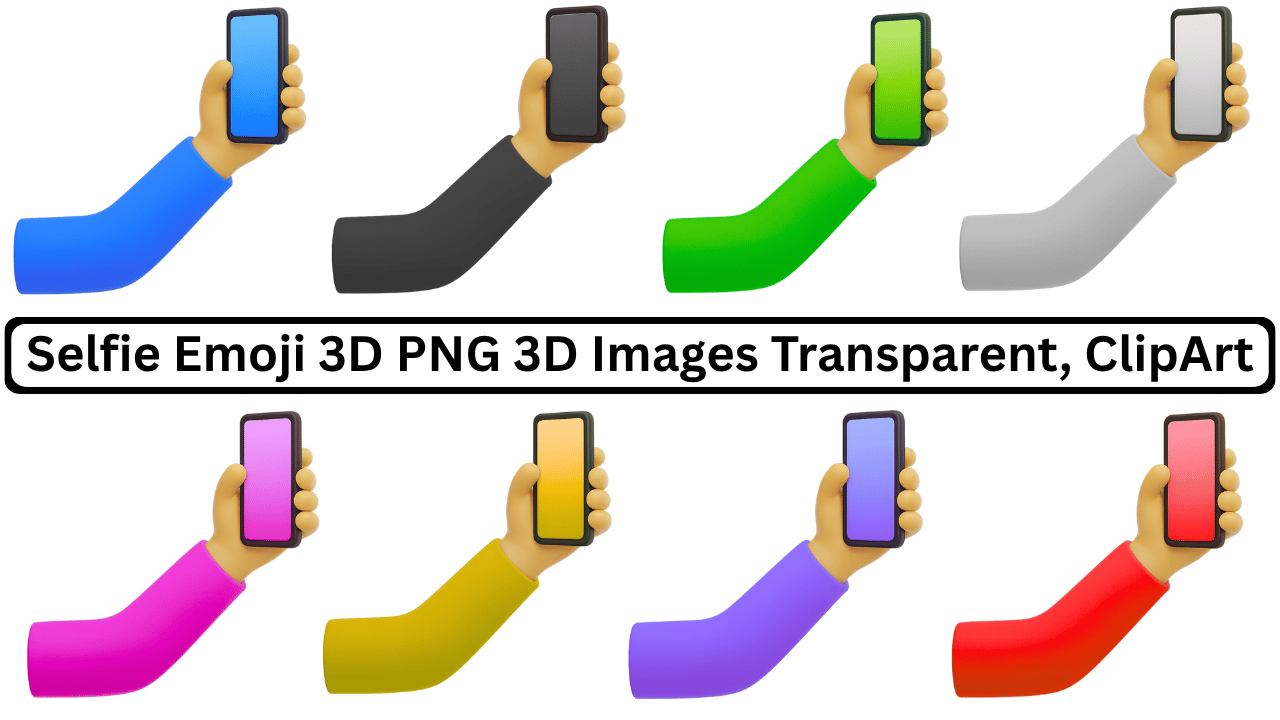 3D selfie emoji hands with different sleeve colors holding smartphones clipart set