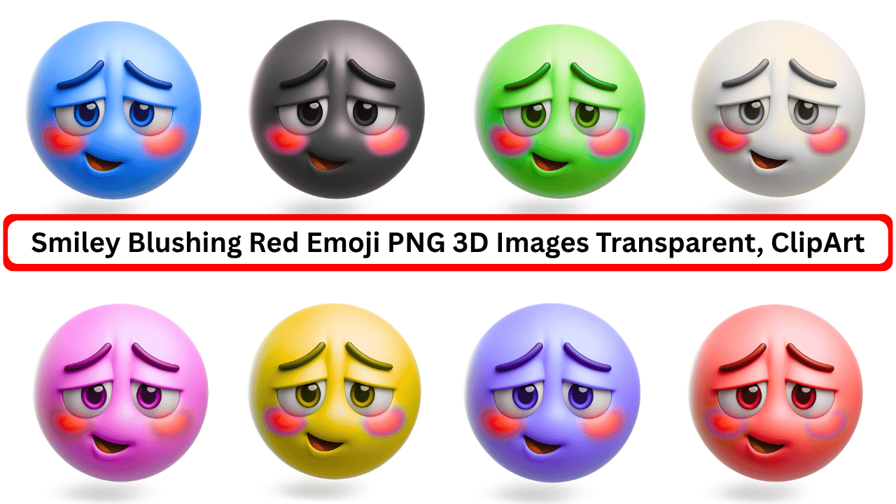 Colorful 3D blushing red smiley emoji PNGs with shy expressions and transparent backgrounds