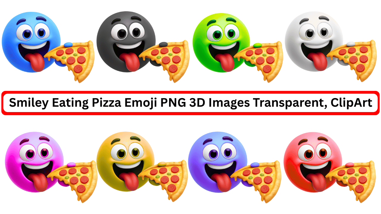Colorful 3D smiley emojis eating pepperoni pizza slices with transparent background clipart