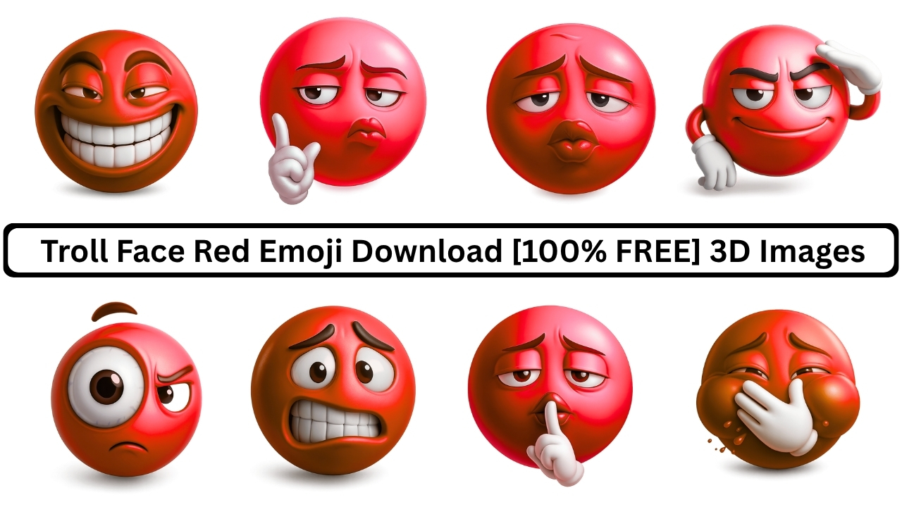 Collection of 3D red troll face emojis showing funny expressive emotions