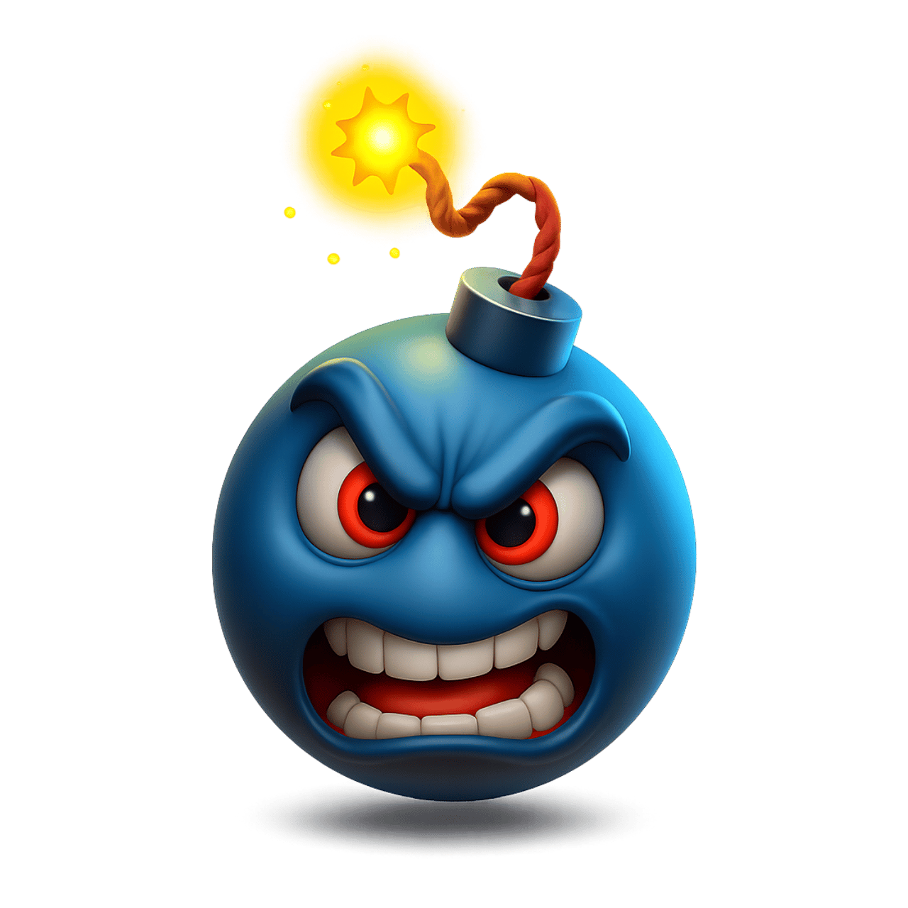 Angry cartoon bomb emoji about to explode with glowing fuse and furious face