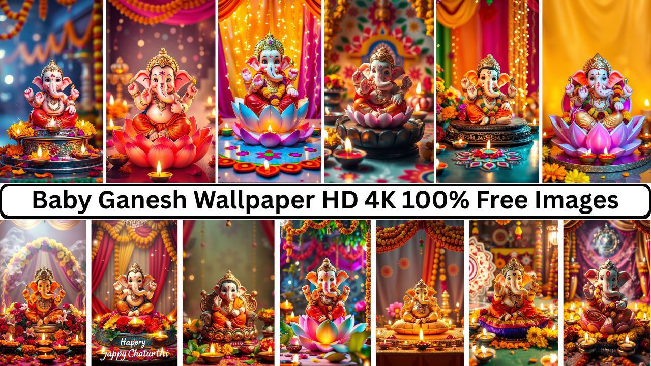 Beautiful collection of Baby Ganesh wallpapers for Ganesh Chaturthi in HD 4K with vibrant colors and detailed decor.