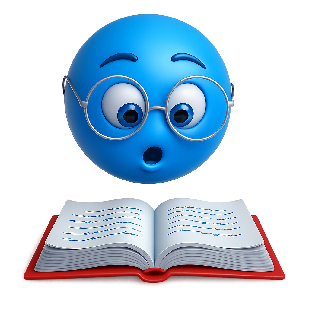Bookish emoji with glasses reading open book in 3D blue cartoon style