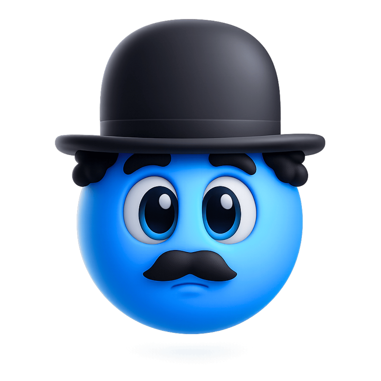 Charlie Chaplin style blue emoji face with hat, mustache and expressive cartoon look