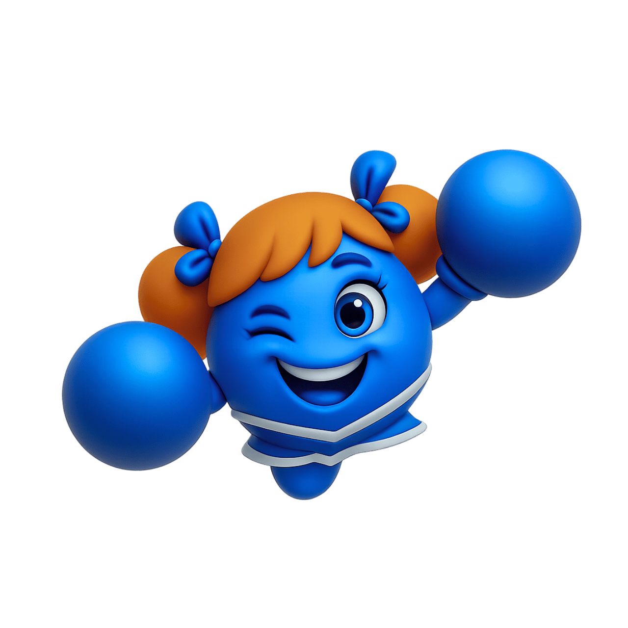 Blue cheerleader emoji girl with orange pigtails, pom-poms, and playful smile